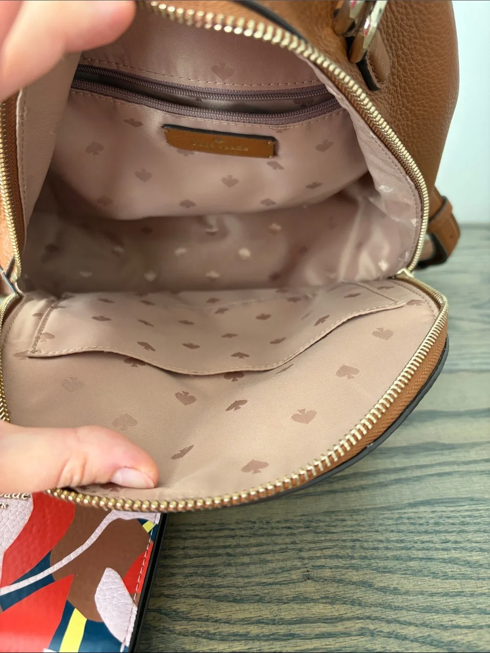 kate spade Brown Pebbled Leather Backpack with Multicolor Floral Card Case
